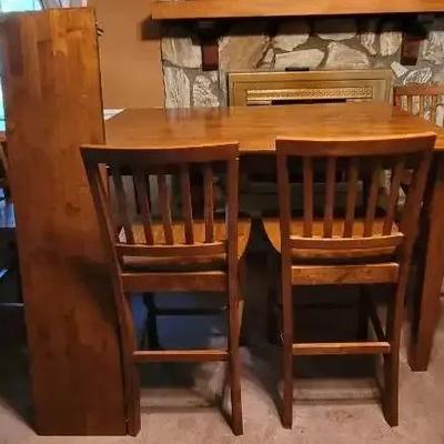 Tall Wooden Kitchen Table with Four Chairs and Expansion Leaf