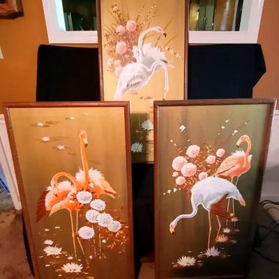 Lee Reynolds “Flamingo Triptych” 1960s Signed Paintings