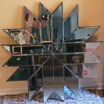 Large Retro Starburst Snowflake Wall Mirror with Silver and Black Frame