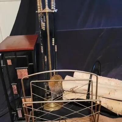 Fireplace Accessories Collection with Brass Tool Set, Birch Logs, and Magazine Rack