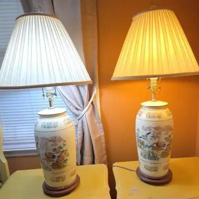 Pair of Vintage Asian-Inspired Ginger Jar Lamps with Shades