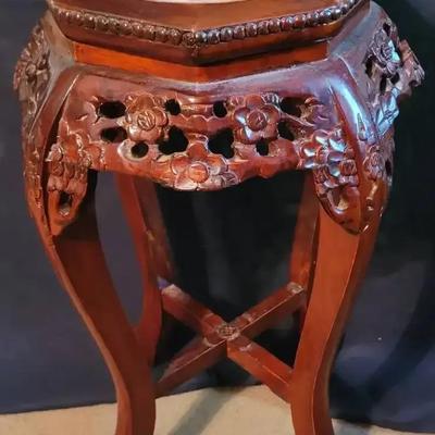 Mid-Century Chinese Carved Rosewood and Marble Plant Stand
