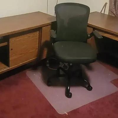 Two Office Desks with Rolling Chair and Floor Mat