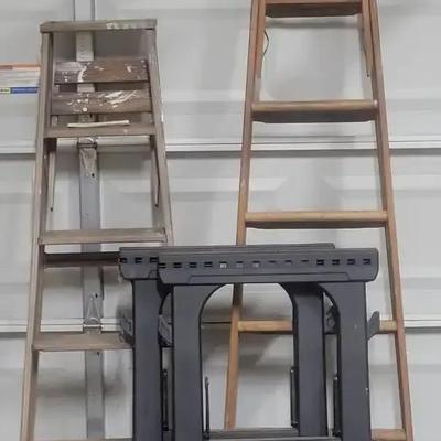 Pair of Wooden Ladders and Folding Sawhorses