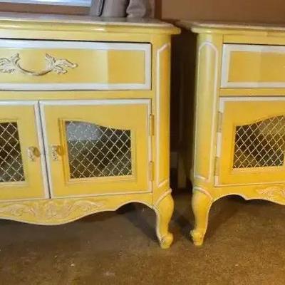 Pair of French Provincial Nightstands in Yellow & White