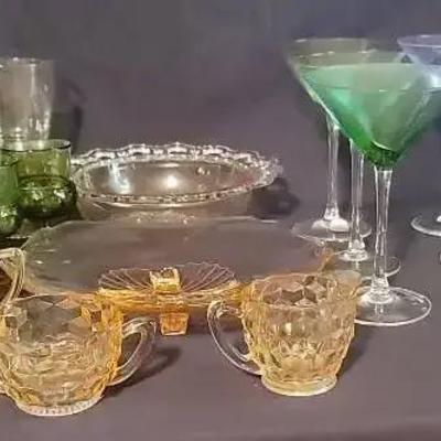 Vintage Glassware Collection Featuring Depression Glass & Hand-Blown Pieces