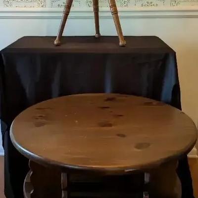 Vintage Wooden Sewing Basket on Tripod Legs and Pine Round Coffee Table