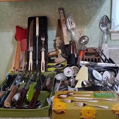 Large Kitchen Utensil Collection Featuring Cutlery, Tools & Trays