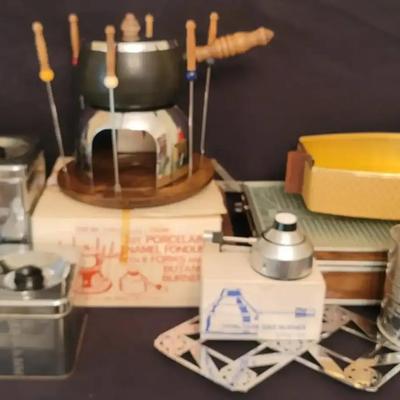 Retro Kitchen Collection Featuring Fondue Set, Salton Hotray, and Lincoln Beautyware Canisters