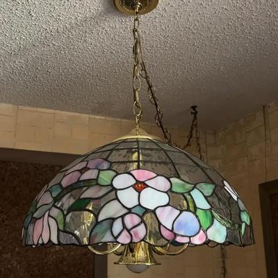 Floral Stained Glass Pendant Light with Gold Fixture