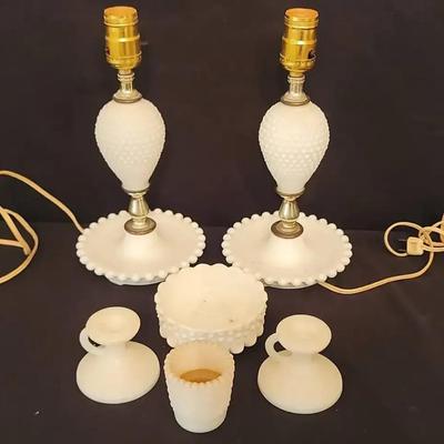 Vintage Milk Glass Hobnail Lamps & Candleholders