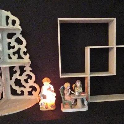 Porcelain Figurines, Boy Lamp & Wooden Wall Shelves