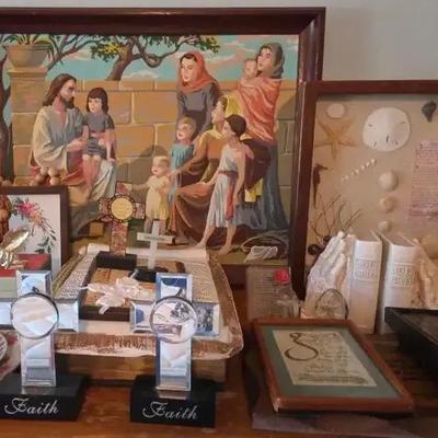 Religious Memorabilia Collection with 1910 Bible & Artwork