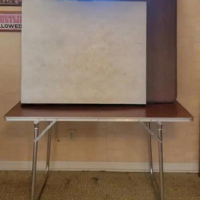 Set of Three Metal Folding Tables with Wood-Look Tops