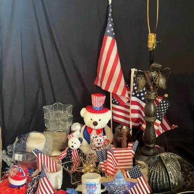 Patriotic Americana Decor Featuring Eagle Lamp, Flags & Fireman Hat