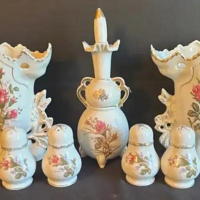 Japanese Porcelain Moss Rose Vases, Perfume Bottle, and Salt and Pepper Shakers