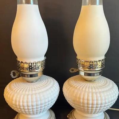 Pair of Hobnail Milk Glass Hurricane Lamps