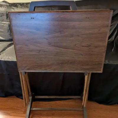 Vintage 1970s–1980s Metal & Faux Wood Folding TV Tray Set with Stand