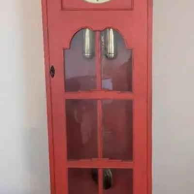 Red Painted Wooden Grandfather Clock Cabinet