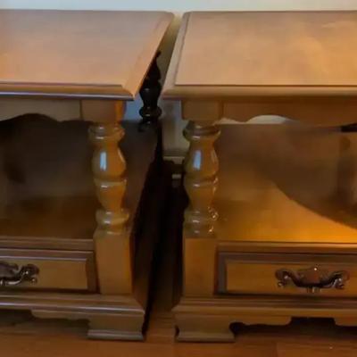 Pair of Wooden Side Tables with Turned Legs and Functional Drawers
