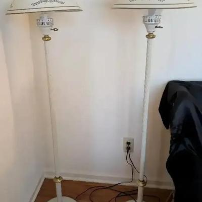 Pair of Vintage Metal Floor Lamps with Hurricane Glass & Gold Accents