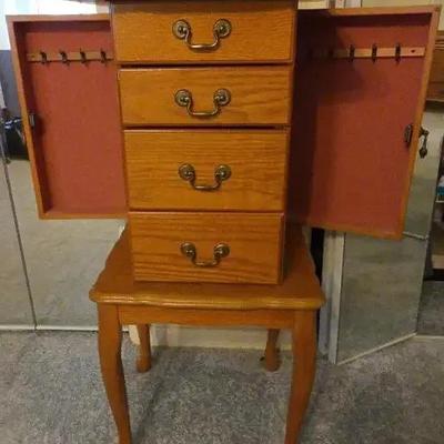 Wooden Floor Jewelry Armoire with Mirror and Felt Lining
