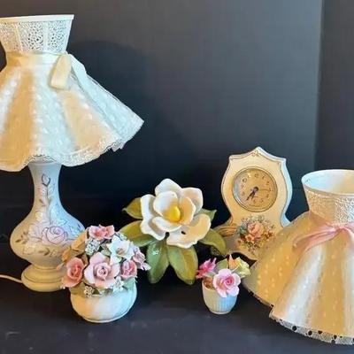 Vintage Floral Lamp, Suberto Music Box, and Staffordshire Bone China