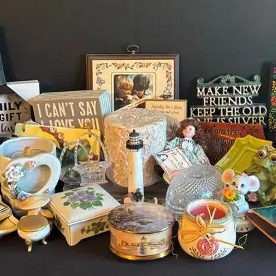 Large Collection of Decorative Figurines, Candles, and Home Accents