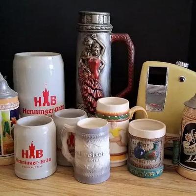 Collection of German Beer Steins, Mugs & Vintage Ice Crusher