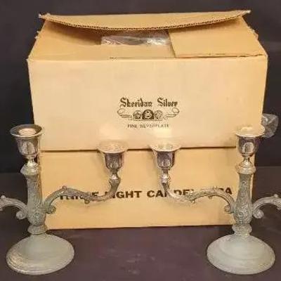 Sheridan Silver-Plated Three-Light Candelabras in Original Box