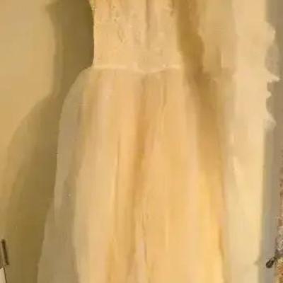 Vintage Wedding Gown with Lace Bodice, Veil, and Tiara