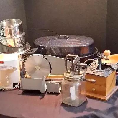 Vintage Kitchen Collection Featuring Coffee Grinder, Butter Churn & Meat Slicer