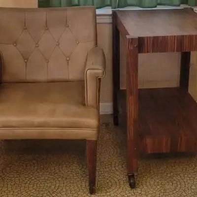 Leather-Like Armchair and Wood-Look Rolling Cart