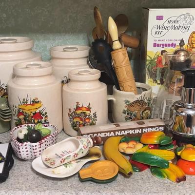Retro Kitchen Décor & Collectibles Featuring Mushroom Canisters & Wine Kit