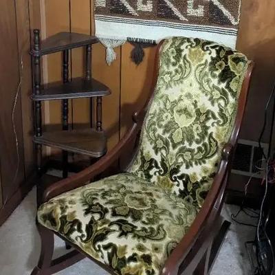 Upholstered Rocking Chair with Corner Shelf and Wool Tapestry