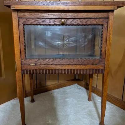 Vintage Oak Tea Cabinet with Etched Beveled Glass Door