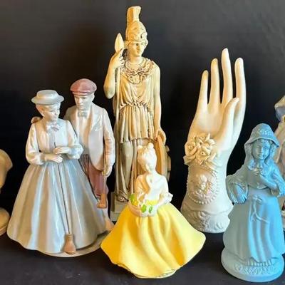 Porcelain and Ceramic Figurine Collection Featuring Minerva Statue and Avon Bottles