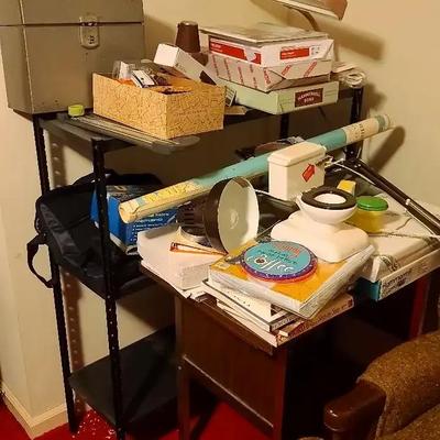 Metal Shelf and Rolling Cart with Office Supplies