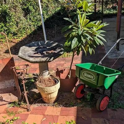 Outdoor Yard Collection Featuring Concrete Bird Bath, Radio Cart & Scotts Spreader