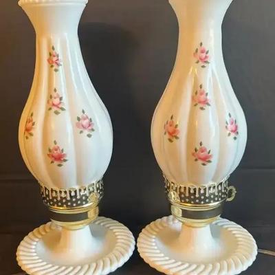 Pair of Milk Glass Hurricane Lamps with Painted Pink Roses