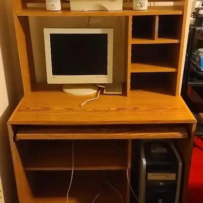 Computer Desk with Monitor, Fax Machine, and Speakers – Untested