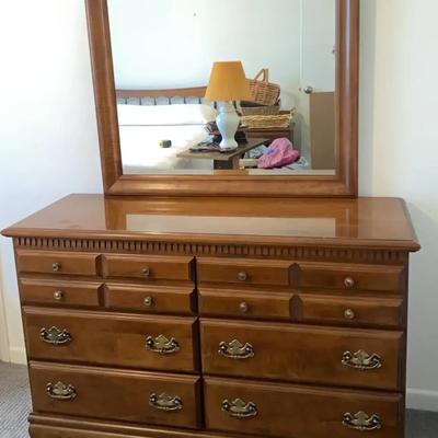 Wooden Dresser with Mirror & Brass Toned Pulls 
