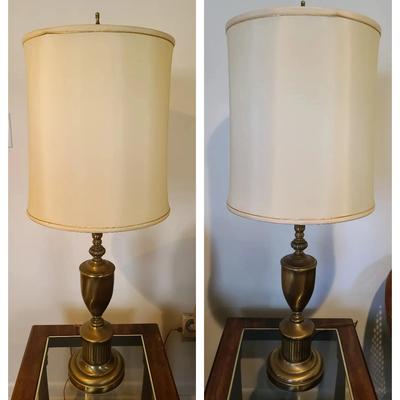 Pair of Vintage Brass Table Lamps with Glass Shades
