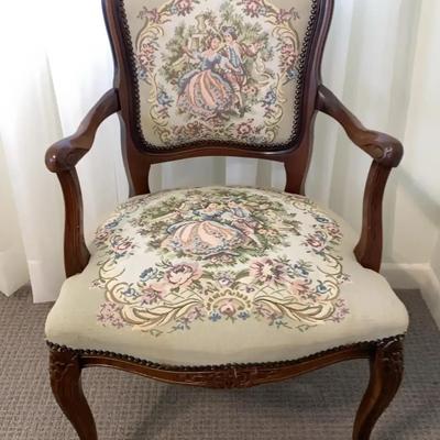 Vintage Victorian Upholstered Armchair with Needlepoint Scene