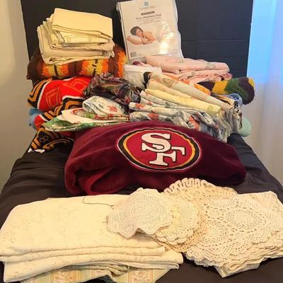 Blanket and Linen Collection Featuring 49ers Throw and Crochet Doilies