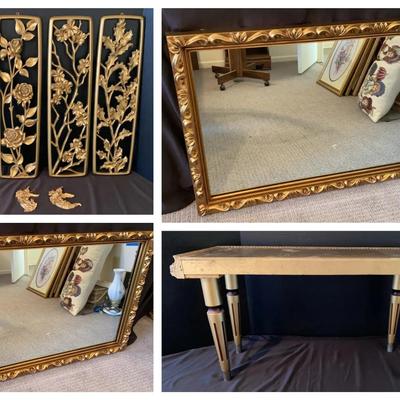 Gold Wall Décor, Pair of Mirrors, and Console Table Set