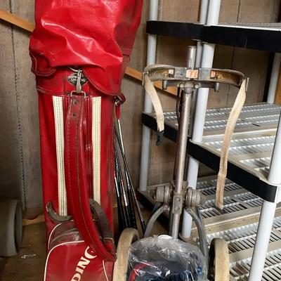 Vintage Spalding Golf Clubs in Red Leather-Look Bag with Rolling Cart