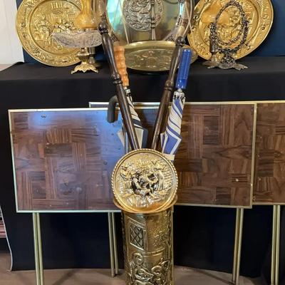 Embossed Brass Plates, Umbrella Stand & Vintage Home Accents