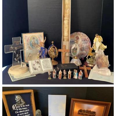 Religious Collection Featuring Crosses, Rosaries, Figurines & Art