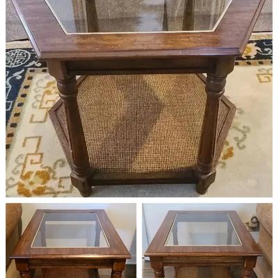 Set of Three Glass-Top Wooden Tables